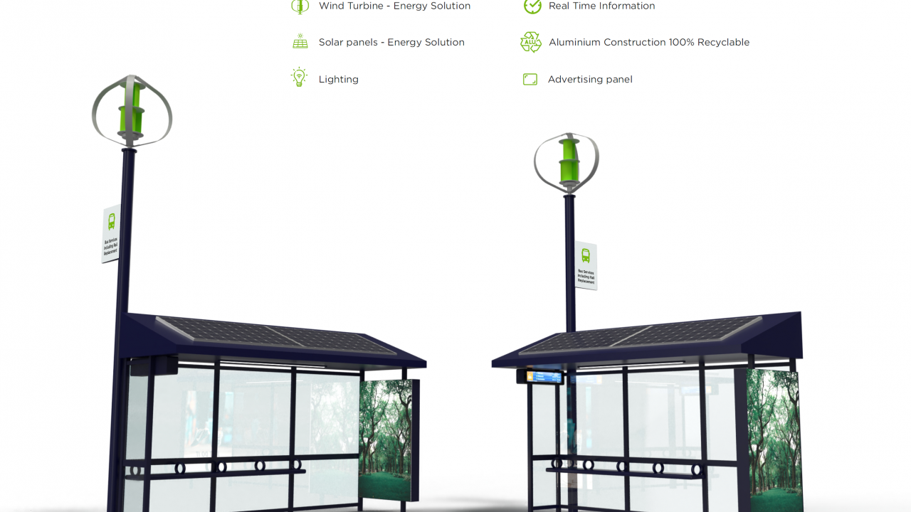 Sustainable bus shelters in the UK. Displays powered with wind turbines ...