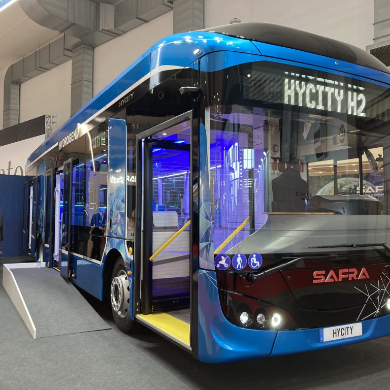 Safra showcased the Hycity fuel cell bus at Busworld (with 18m version